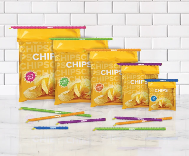 GRIPSTIC in all five sizes, each sealing a bag of chips