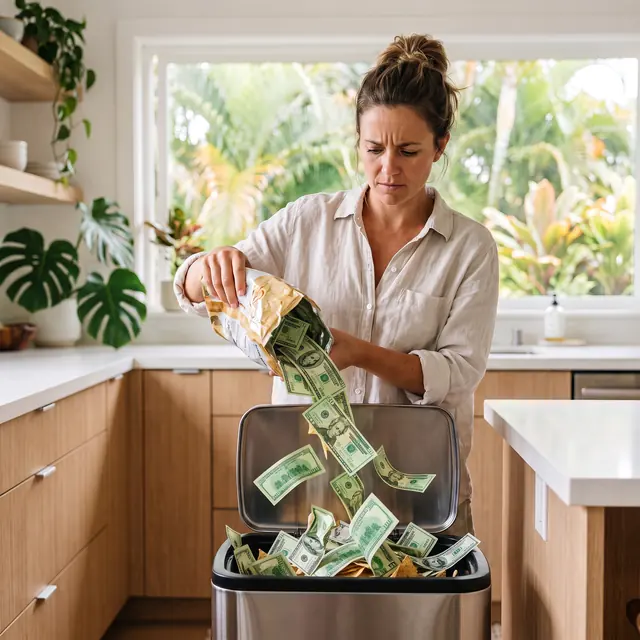 A worried woman pours a stale bag of chips into the trash, and a stream of green dollar bills falls in with it